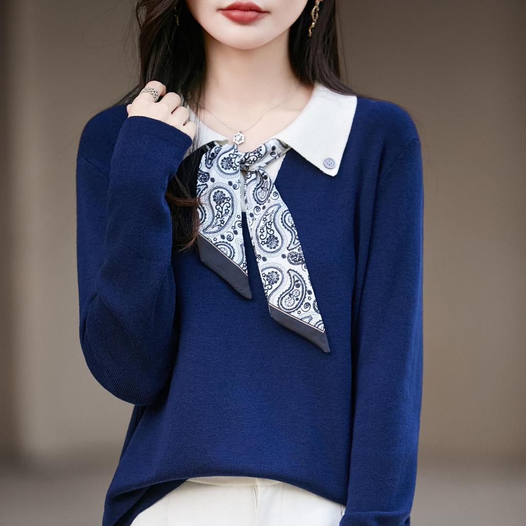 Herbst Seidenschal Wollstrickjacke: Eckiger Ausschnitt, Polokragen, Puffärmel, Strickpullover für einen jugendlichen Look