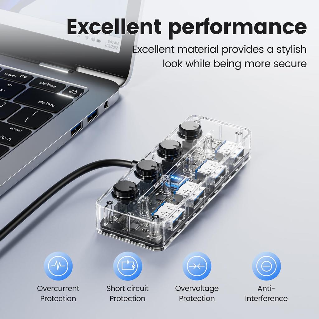 Qeefun USB Hub with Individual LED Power 10Gbps Data Extension Multiple USB Extender for USB Flash and More 4-Port 3.2 Switch, Transfer, 1.2M Cable,