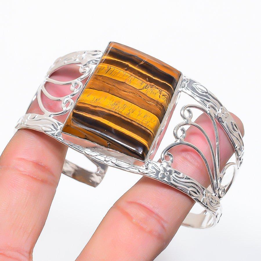 Natural Tiger Eye Gemstone 925 Sterling Silver Cuff Bangle Adjustable A9K87