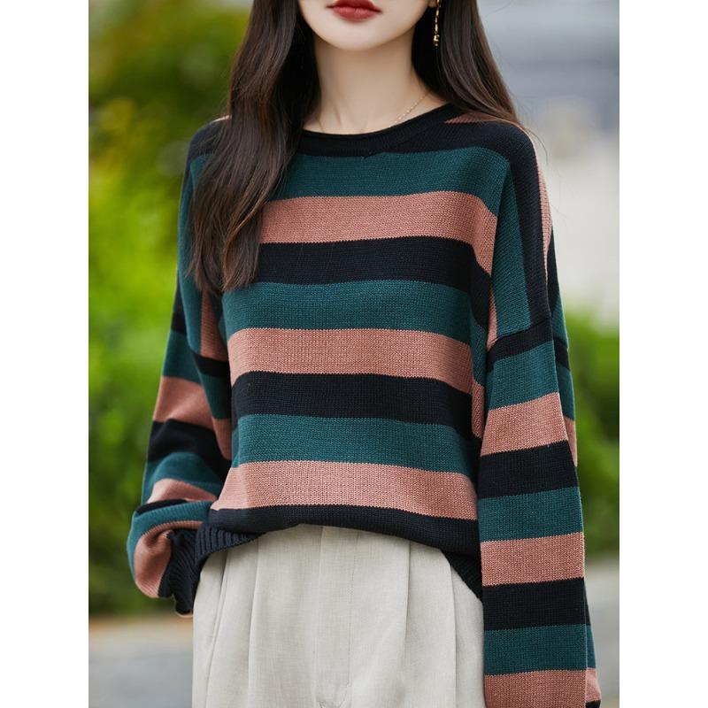 Pure Cotton Sweater for Women Loose Soft and Fashionable Bottoming Autumn and Winter Wide Stripes Versatile Round Neck Fashionable Sweater