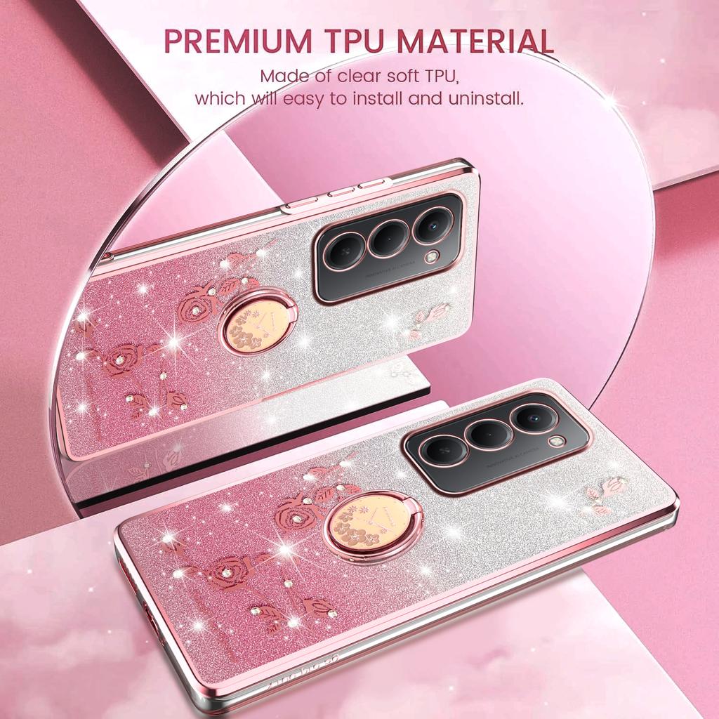 For Xiaomi Redmi 15 4G (EU) (171mm) Case Ring Kickstand TPU Flowers Phone Cover Gradient Glitter