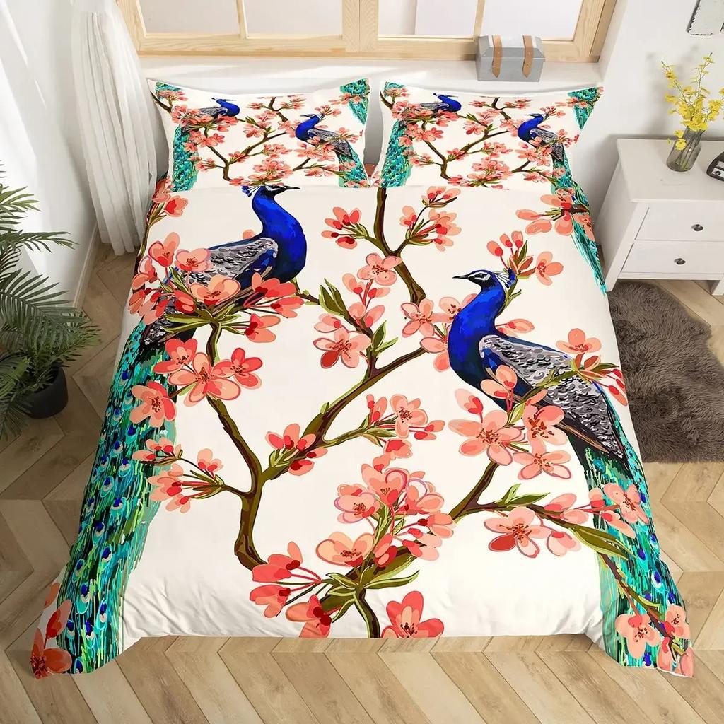 Conjunto de Capa de Edredom Pavão de Luxo Tamanho Twin King Queen Selva Selvagem Animal Capa de Colcha Microfibra Pássaro Exótico Animal Conjunto de Roupa de Cama