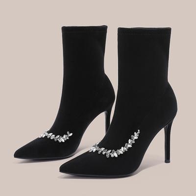 Luxury Crystal Decorate Ankle Boots Women High Quality Black Satin Stretch Sock Boot Fashion Pointed Toe Thin Heel Designer Boot