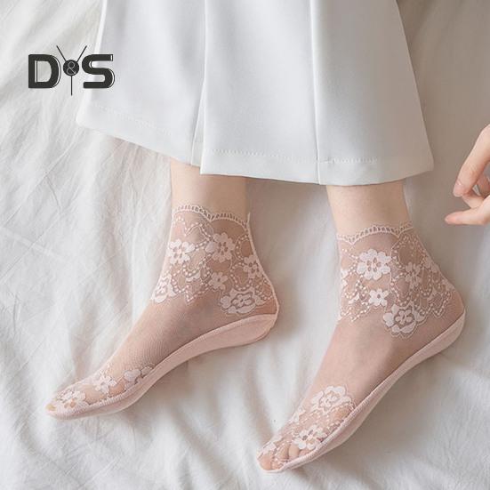 Chaussettes en Dentelle pour Femmes Chaussettes de Cheville en Dentelle Florale Transparentes en Maille Été Ultra-Fines Résille Volantées pour Adolescentes Filles
