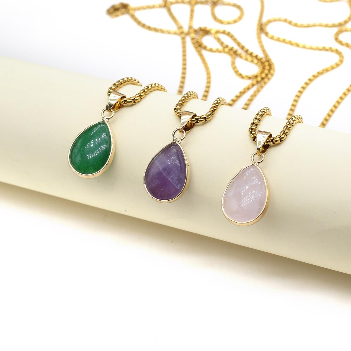 

1 шт., модное граненое ожерелье из натурального камня, кулон с кристаллом розового кварца, золотой обернутый край, подвески в форме капли, металлические ожерелья для женщин, ювелирные изделия 13x18 мм