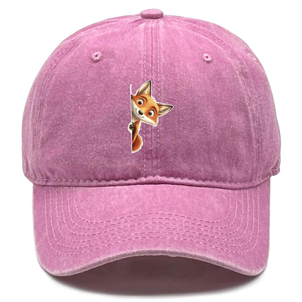 Fox Peeping Print Snapback Sun Hat, Animal Flat Cap Vintage-Inspired Sun Protective Leisure Washed Adjustable Baseball Cap