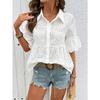 White Lace Women's Blouse Summer New Lapel Hollow-out Embroidery Loose Women's Short Sleeve Women's Shirt Fashion Vintage Casual Office Ladies Tops