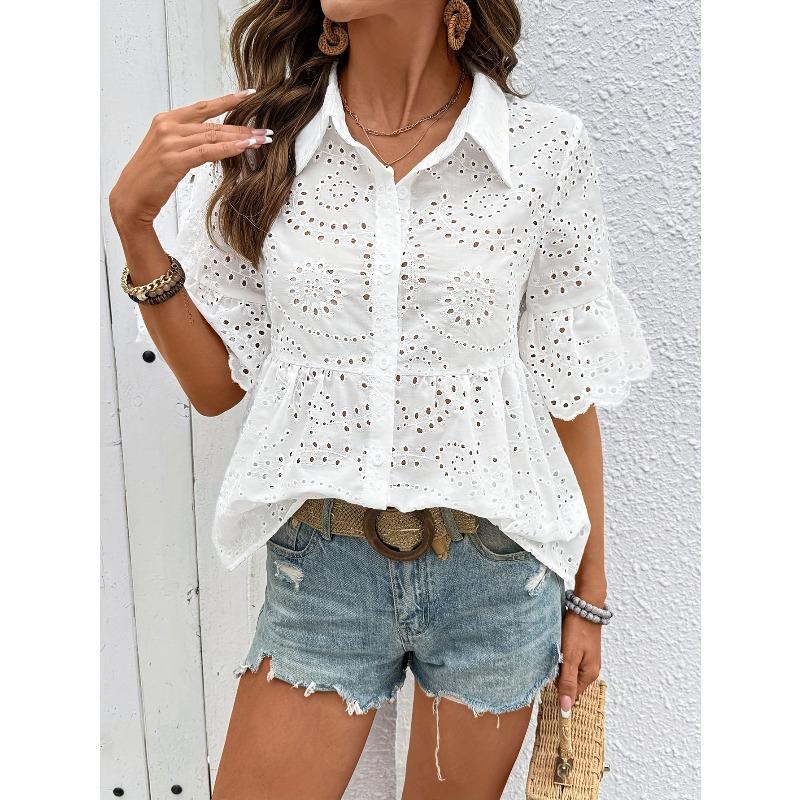 White Lace Women's Blouse Summer New Lapel Hollow-out Embroidery Loose Women's Short Sleeve Women's Shirt Fashion Vintage Casual Office Ladies Tops