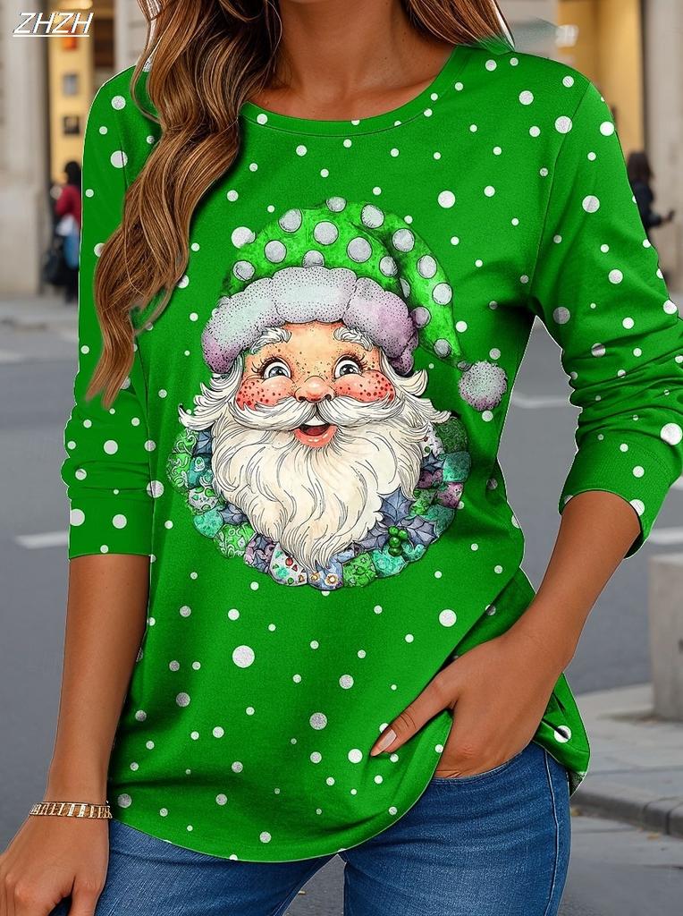 2025 Christmas Women's T Shirt Graphic Santa Claus Fashion Casual Long Sleeve T-shirt Crew Neck Regular Tops Print Spring Fall
