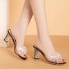 Fashion Low Slippers Women Summer Transparent Heel High-Heeled Shoes Lady Square heel Glitter Slides Pantofle Soft Block Jelly 2024 Sexy