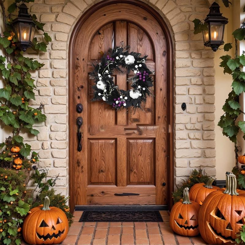 Halloween Door Wreath Gothic Garlands White Pumpkins Front Door Wreath for Indoor Outdoor Holiday Party Decoration