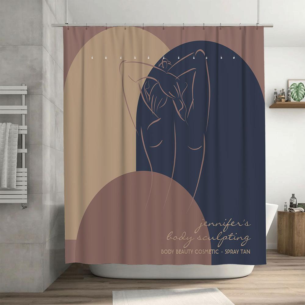 Minimalist Chic Shower Curtain Set Modern Artistic Design for Bathroom Decorations Beige Navy Blue Color Scheme