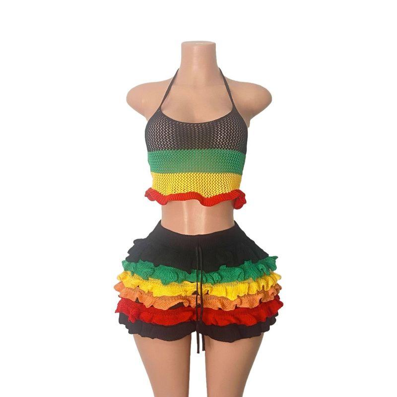 

Fashion New Fashion Casual Knitting Stripes Vest Shorts Set Tank Top and Shorts Set Green All yards