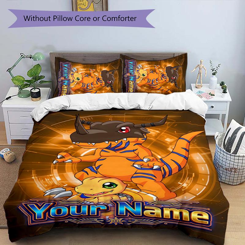 3pcs Digimon Cover Set - Personalized Name, HD Printed Bedding with 1 Cover and 2 Pillowcases - Perfect for Home Decor, Easy Care