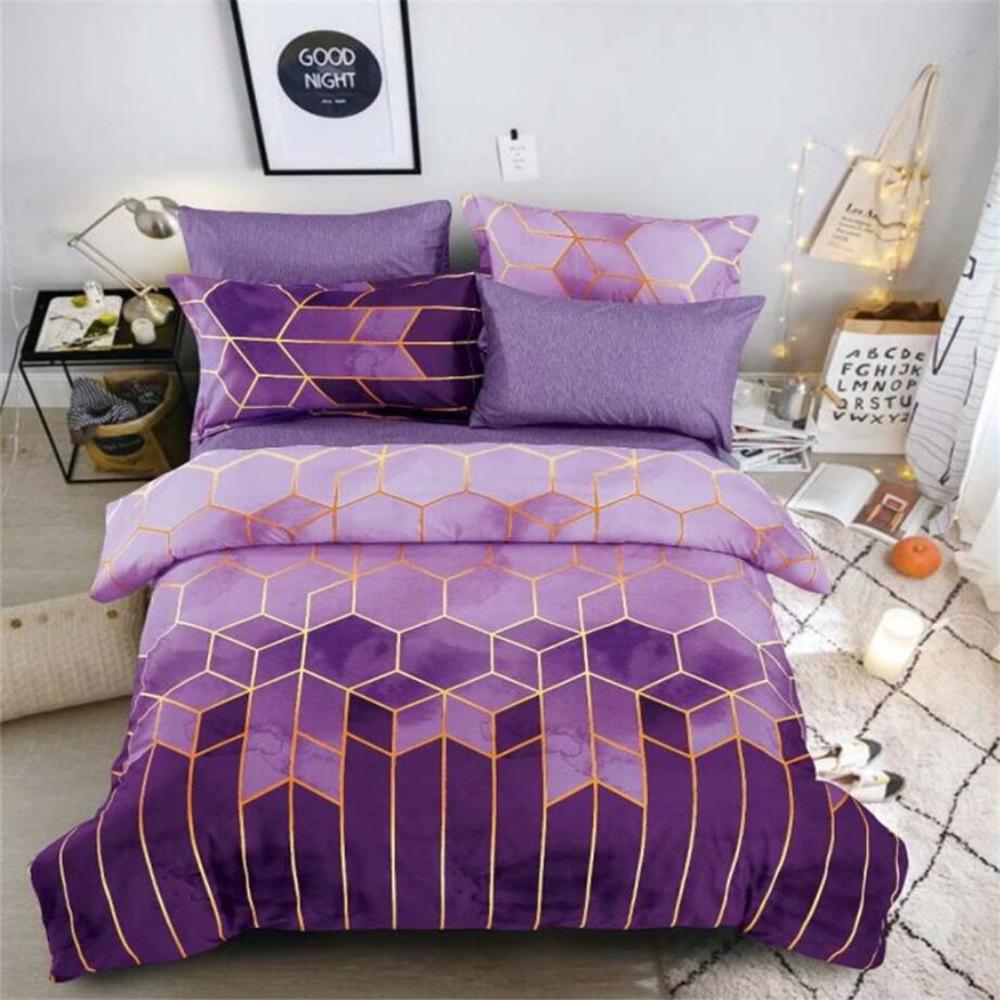 Gold Line Geometric Rhombus Color Grid Three-Piece Quilt Cover, Pillowcase, Reverse Solid Color Kit Bedding