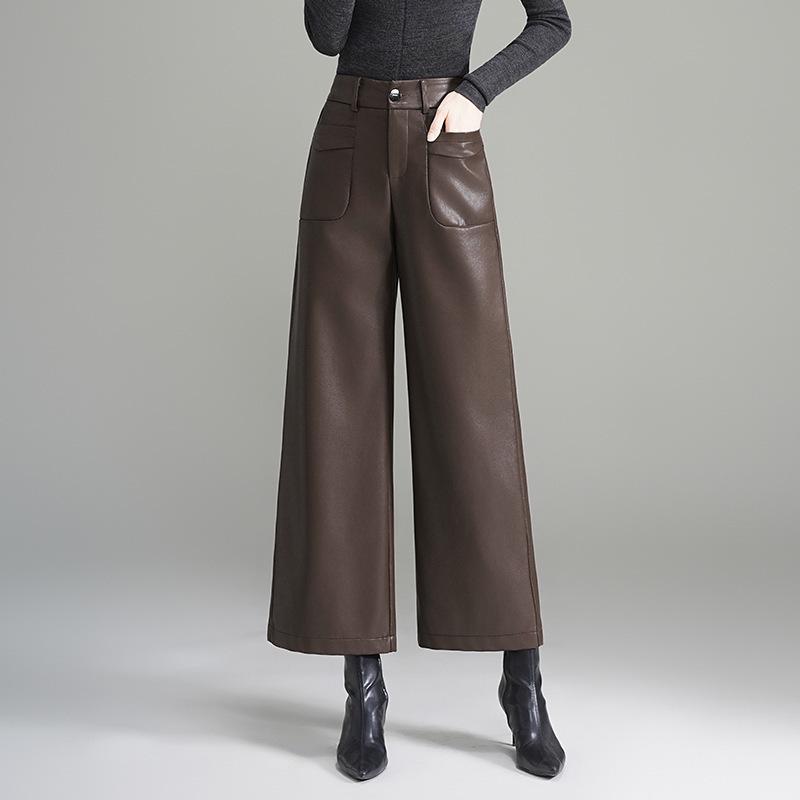 2025 Autumn/Winter Women's Black Sheepskin Leather Wide-Leg Pants