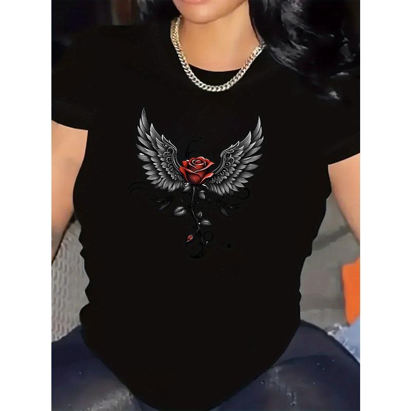 European Size Angel Wing Rose Graphic Women's Fashion Casual Sporty T-Shirt with Crew Neck, Polyester Blend