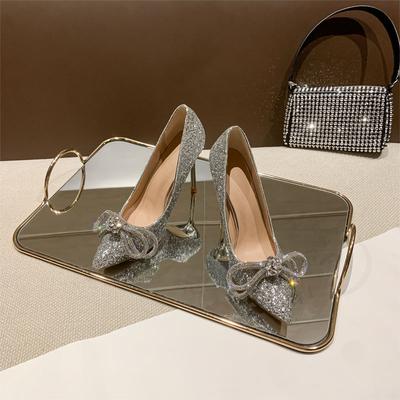 New Sexy Pumps Women Rhinestone Bow Pointed Toe Stiletto High Heels Women Shallow Crystal Sequin Wedding Shoes Party Ladies Sho