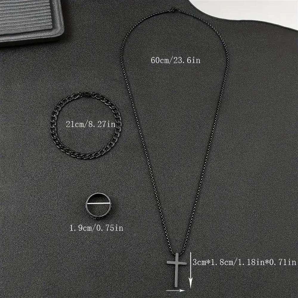 3Pcs Black Stainless Steel Jewelry Set For Men Women Bracelet Rotatable Ring Cross Pendant Chain Necklace Accessories