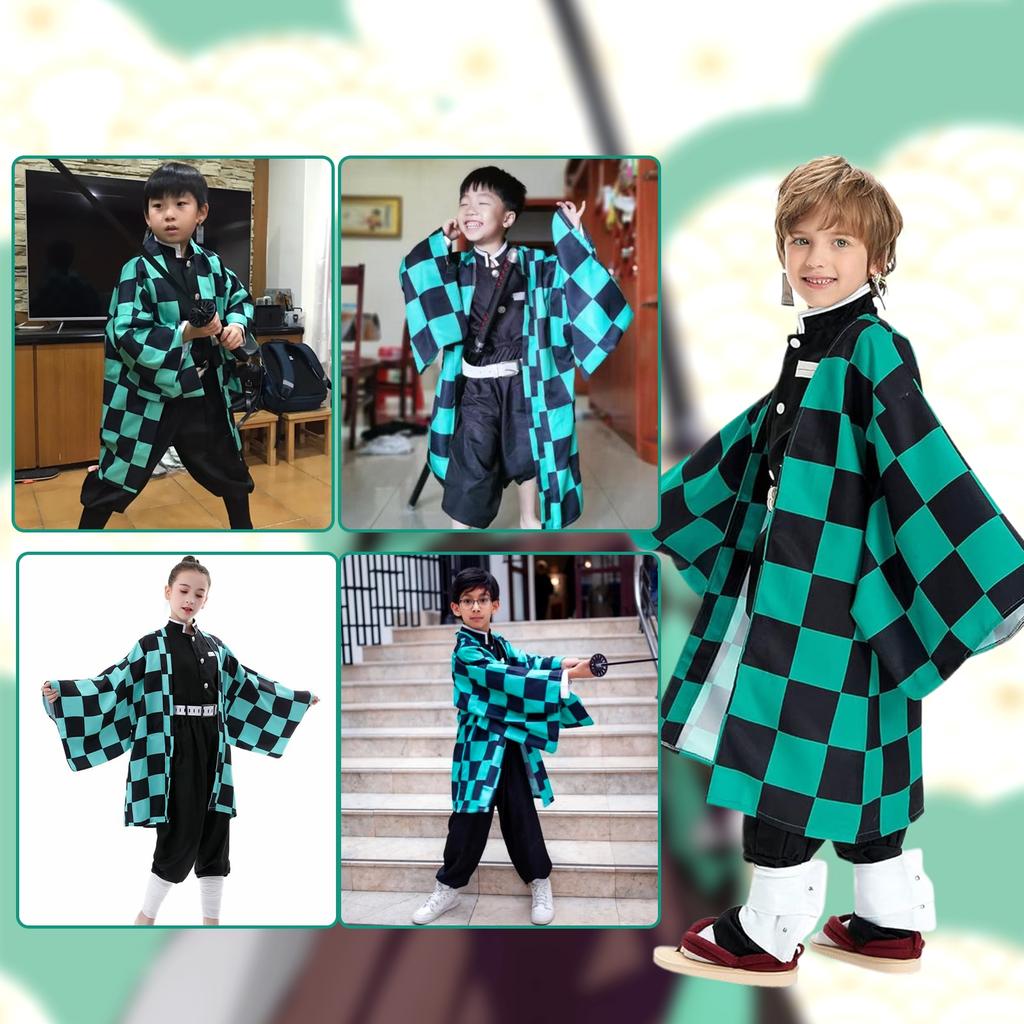 Custom Cosplay Demon Slayer Tanjiro Kamado Costume, Black Green, 10-12 Years, 140cm