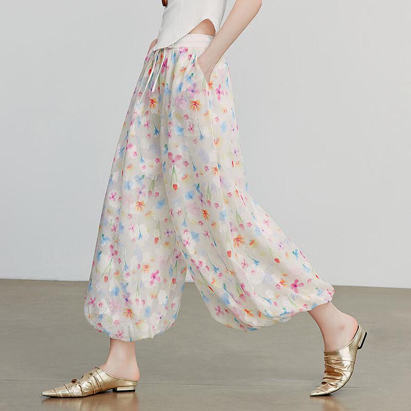 Chuyu Meconopsis Floral Print High-Waist Cropped Casual Pants