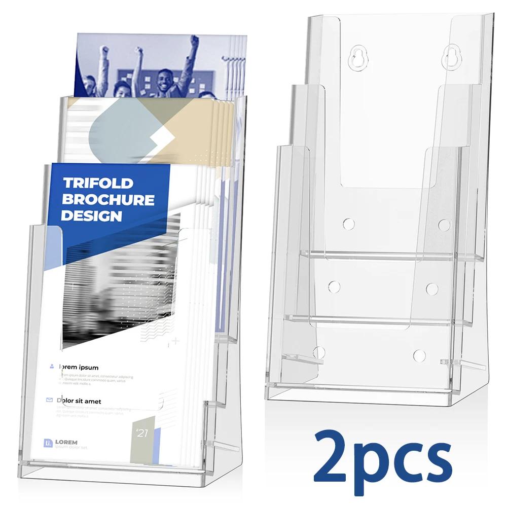 2Pcs Brochure Holder 3 Tiers Clear Acrylic Brochure Display Stand Multifunctional Literature Rack for Wall Mount or Countertop