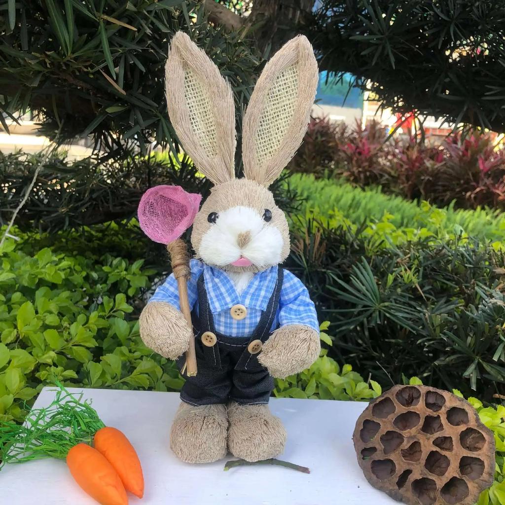 Easter Bunny on Swing Handmade Woven Grass Rabbit Creative Figurine Home Decor Hanging Ornament Forest Theme Gift Souvenir