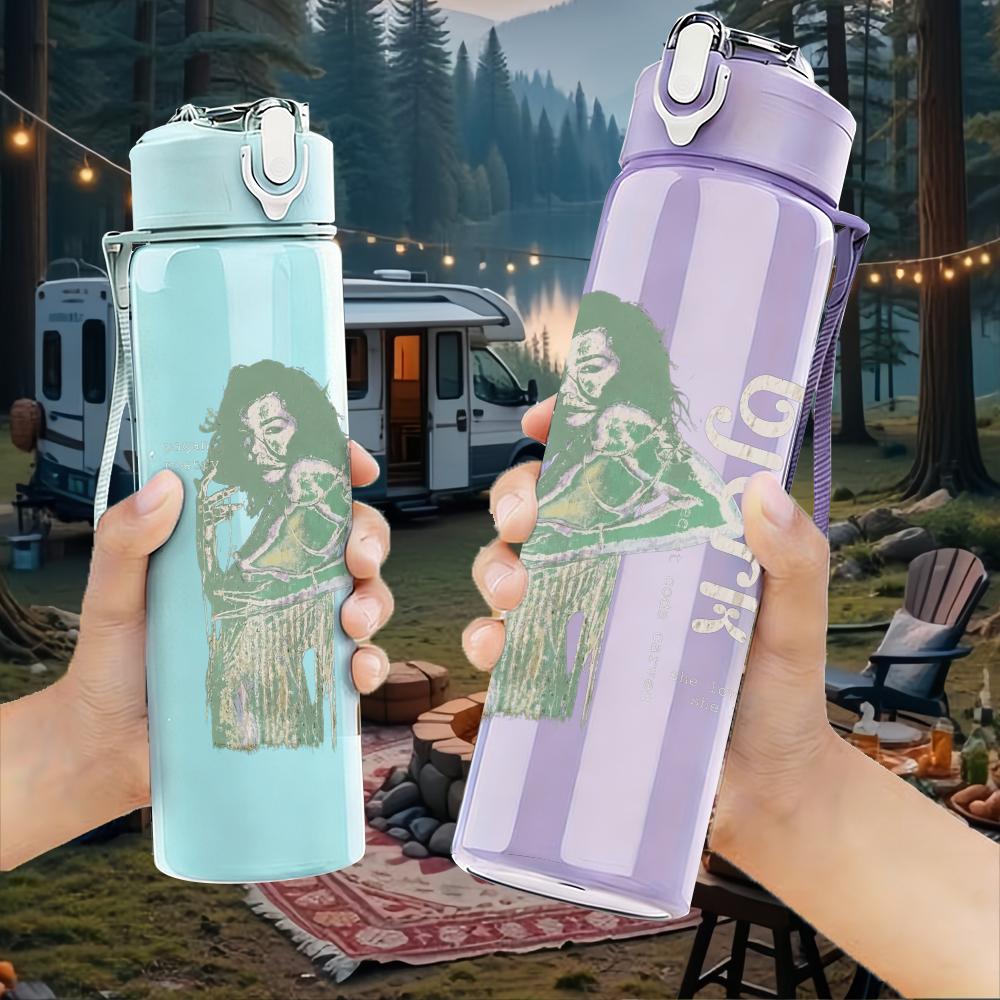 1PC Retro female singer faint silhouette print 750ml colorful plastic sports water bottle leakproof pop up lid with straw for outdoor work home use