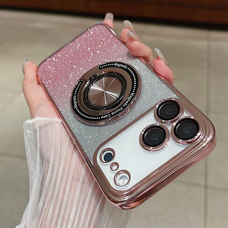 

Electroplating Starry Glitter Powder Suitable IPhone 17 Ring Magnetic Bracket Phone Case Apple 16 Liquid Soft Protective Cover iPhone 15 PRO