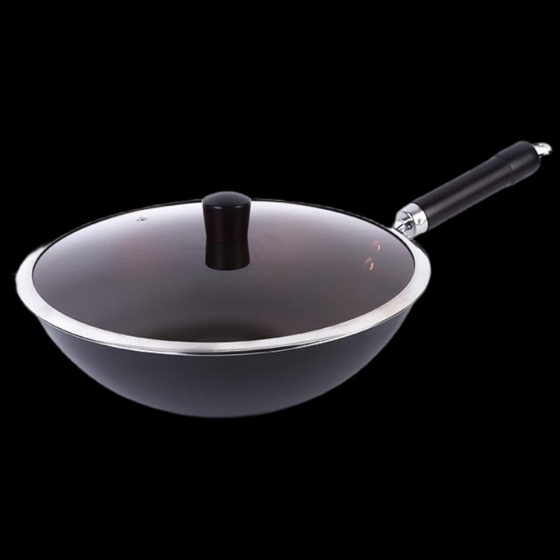 UUTUO 30cm Flat-Bottom Fine Iron Wok with Glass Lid