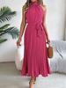 Women Elegant Stand Collar Sleeveless High Waist Pleated Solid Color Long Dress