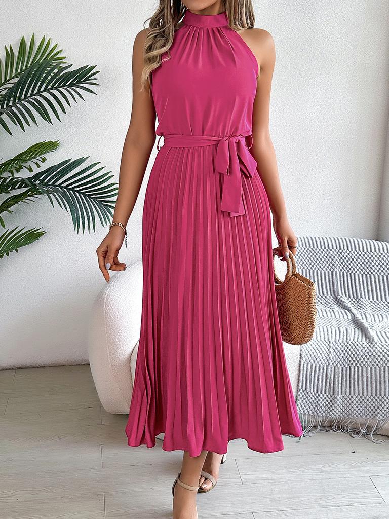 Women Elegant Stand Collar Sleeveless High Waist Pleated Solid Color Long Dress