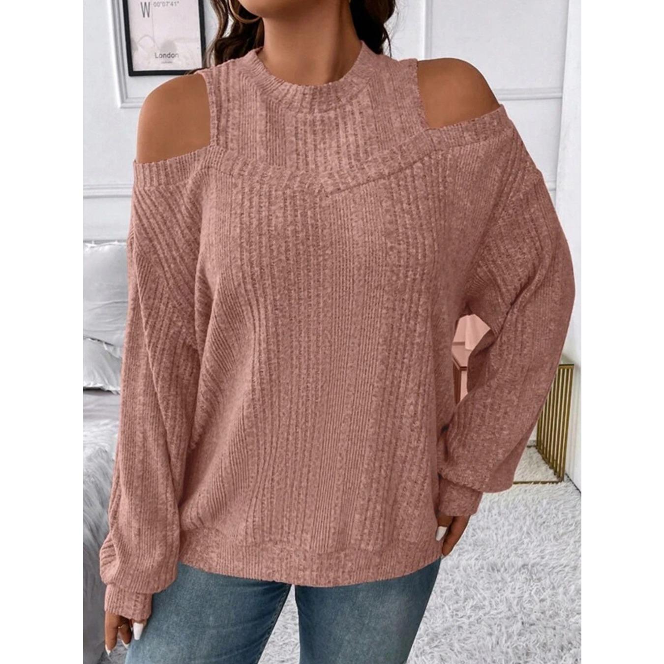 

QICED Осенне-зимняя женская повседневная однотонная футболка с открытыми плечами, свободная, с длинными рукавами, трикотажный топ XXXXXL кирпич красный