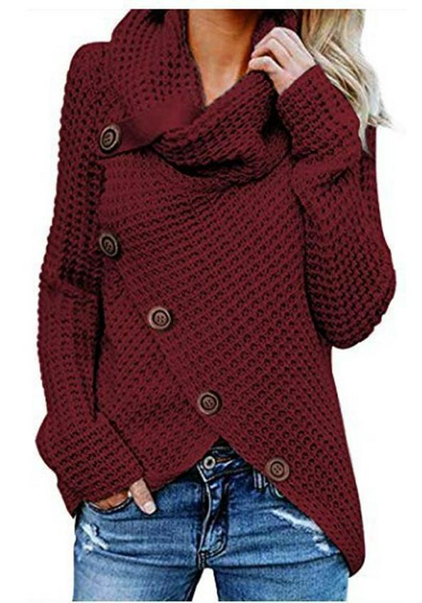 Autumn/Winter Women's Long-Sleeve Irregular Knit Color Block Button Sweater