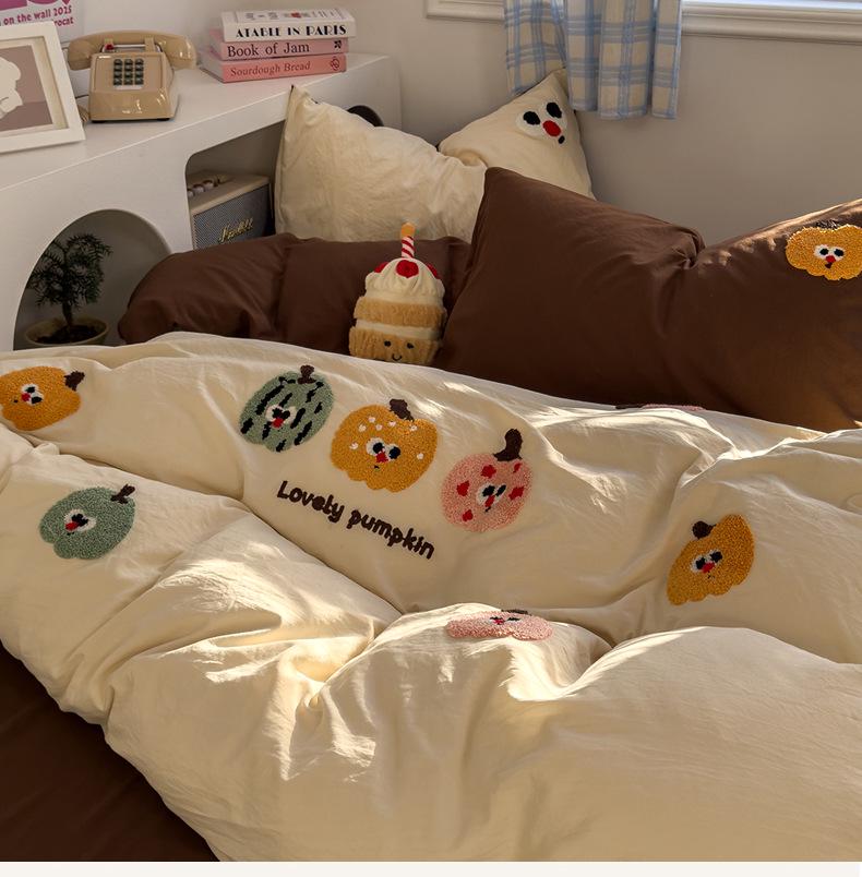 Cartoon Embroidered Cotton Terry Bedding Set - Skin-Friendly, Washable, 4-Piece Set with Bed Sheet and Duvet Cover (Student Size)