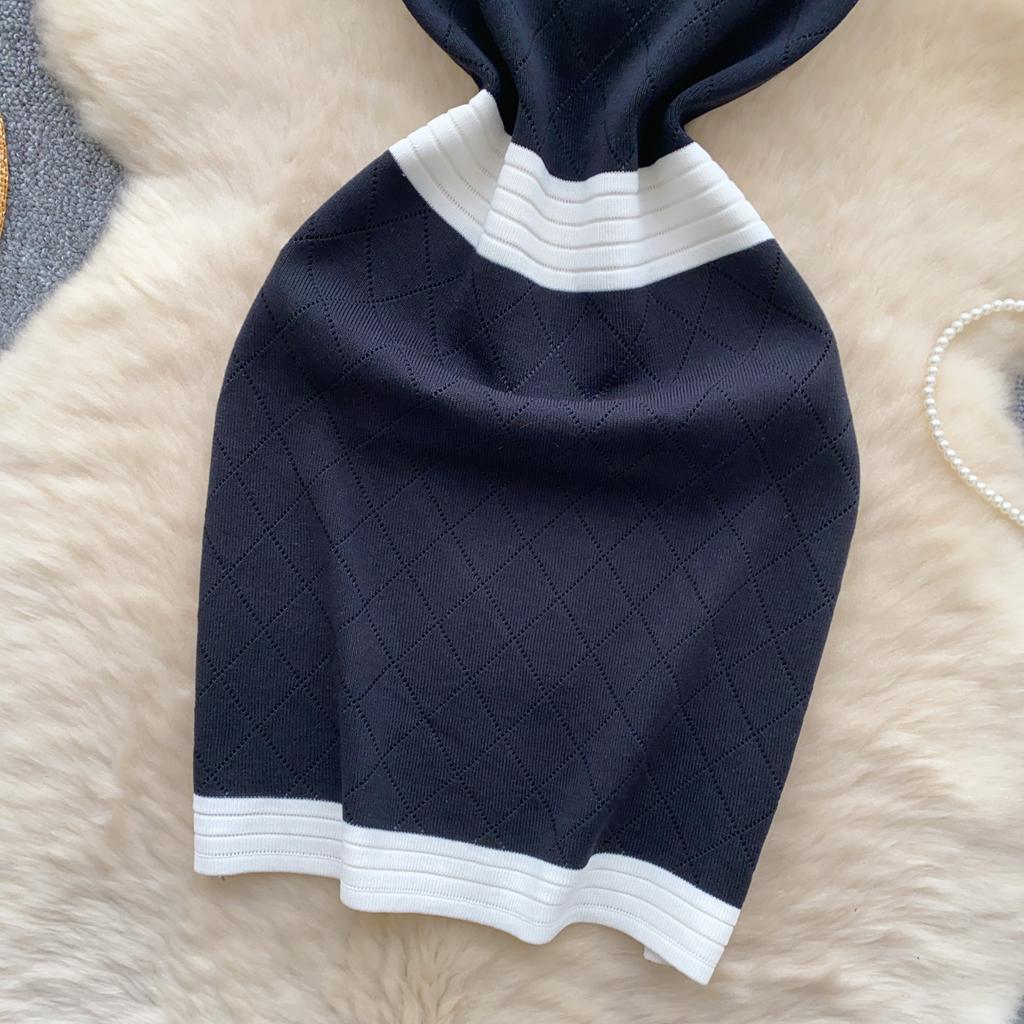 Senior Knitted Mini Dress Women Sleeveless Temperament Color Block Zipper Design Skinny Elastic Summer Basics Dresses