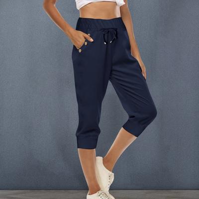 Kurze Damenhose, elastisch, hohe Taille, verstellbarer Kordelzug, wadenlange Hose mit Taschen, einfarbig, dehnbare Yoga-Jogginghose