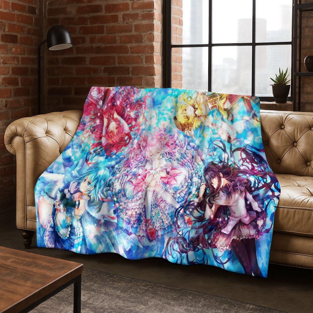 Cartoon Puella Magi Madoka Magica Girl Anime Art Flannel Blanket,Cozy Soft Throw Blanket for Home Bedroom Bed Sofa Cover Kids