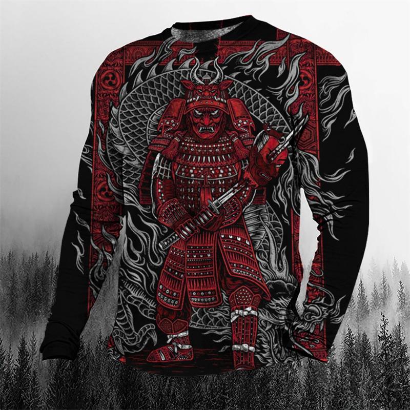 Super Cool Vintage Japanese Samurai Men's T-shirt O-Neck Cotton Men's Clothing Oversized Casual Long Sleeve Tops 3D Printed
