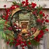 Vintage Christmas Wooden Sign with Santa Claus & Fireplace Pattern - Navidad Round Sign for Front Door Wall Hanging Decor - Ideal Christmas Gift