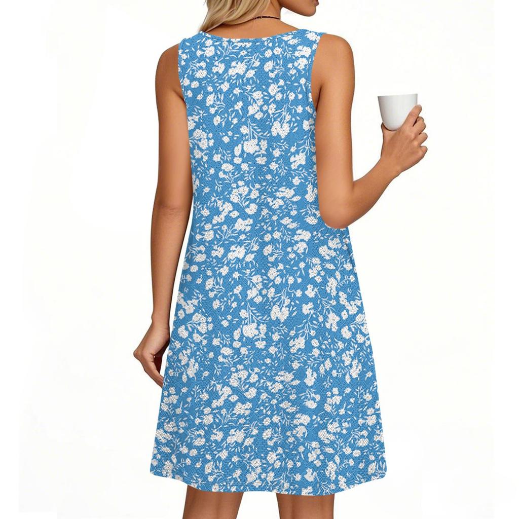 Ladies Fashion Casual Summer Vintage Floral Print Dress With Pocket Beach Holiday Vest Dress