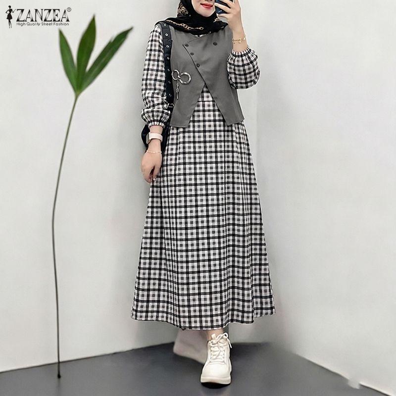 ZANZEA Women Casual Round Neck Long Sleeve Patchwork Plaid Print Dress