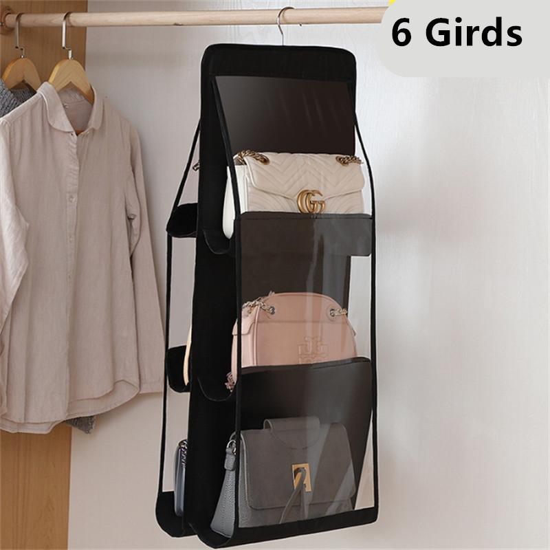 

1PC 6/8 Grids Black Handbag Hanging Organizer Foldable Oxford Cloth Handbag Storage Bag For Family Closet Bedroom Dust-proof