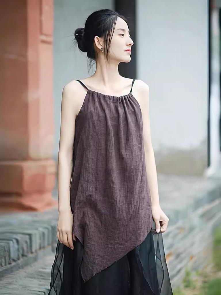Drawstring adjustable suspender skirt cotton wrinkled literary retro style burr edge suspender medium and long color seaside vacation