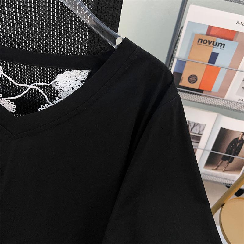 Plus Size V-Neck Loose Mid-Length Short-Sleeve T-Shirt for Women