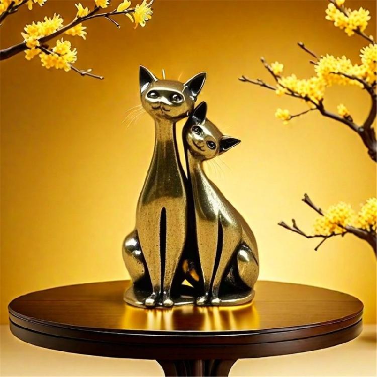 Handmade Brass Couple Cats Figurine Elegant Metal Kitten Lover Statue Decors for Valentines Day Gift Ornament