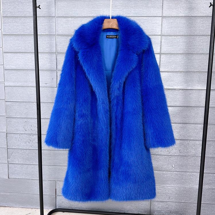 

Женское зимнее пальто средней длины из искусственного меха с лацканами пиджачного типа Large королевский синий