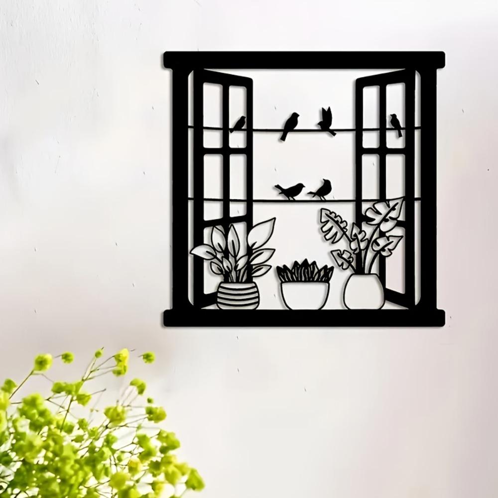 Wrought Iron Wall Art Bird Floral Window Design Metal Hanging Decor for Indoor Outdoor Garden Living Room Bedroom Gift