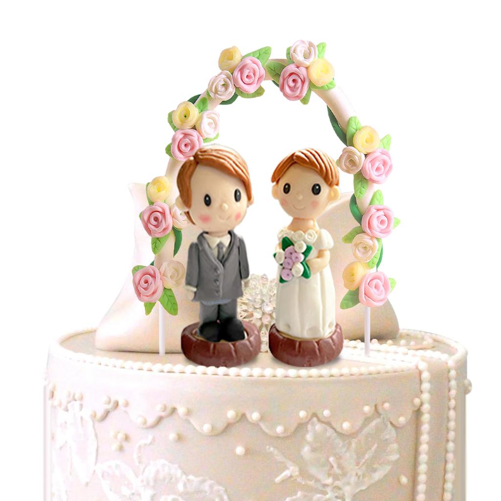 Flower Wreath Arch Bride & Groom Wedding Cake Topper Romantic Wedding Party Cake Decoration Adorable Figurine Craft Gift