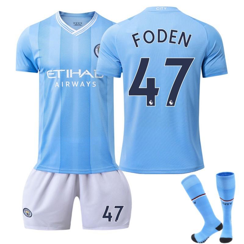 2324 Manchester City's Home Football Uniforms 17 De Braunet 9 Harland 10 Glalish Blue Word First Edition With Socks